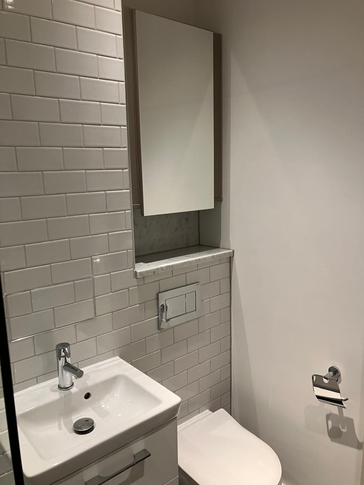 Tall chrome heated towel rail beside a metro-tiled shower niche and mirrored cabinet